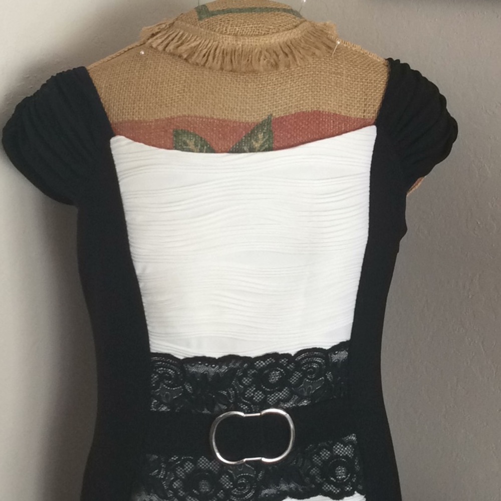 Black White Silver Buckle with lace stretch dress